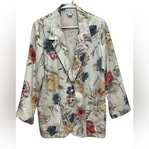 Vintage floral blazer single button front pockets flax women’s size 14
